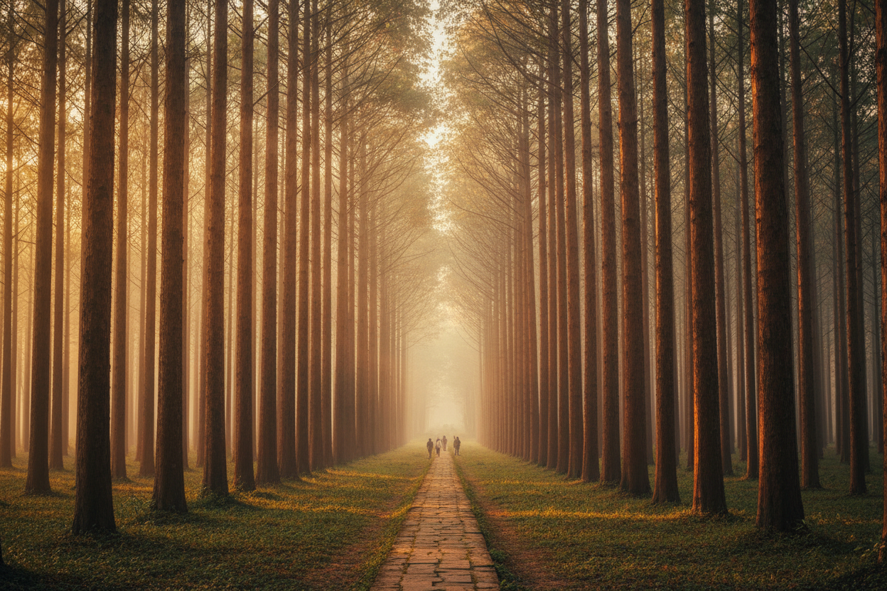 A serene, cinematic wide shot of a regulated Mahogany plantation in India during the golden hour. Tall, majestic trees with reddish-brown bark stand in perfect rows. Sun rays filter through the canopy, creating a cathedral-like atmosphere. The image conveys strength, time, and nature. 8K."
