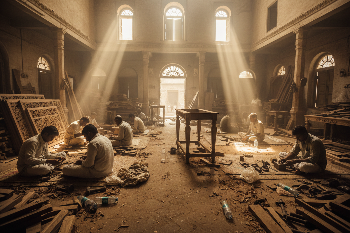 A wide interior shot of a traditional workshop in India. High ceilings, shafts of light. Artisans are sitting on the floor working on various stages of furniture. Piles of raw wood and tools. The atmosphere is focused and serene. Authentic, gritty luxury. 8K, plastic bottles in the scene, a little bright image with dirt around to make the scene very realistic
