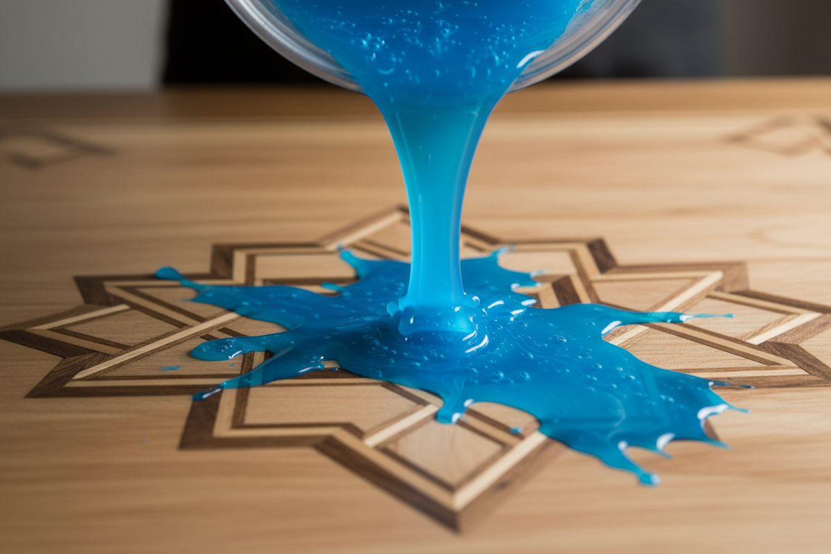Action shot of bright blue resin being poured over a wooden surface with inlay patterns. The resin is in mid-flow, thick and glossy. The contrast between the transparent liquid color and the matte wood is striking. 8K.