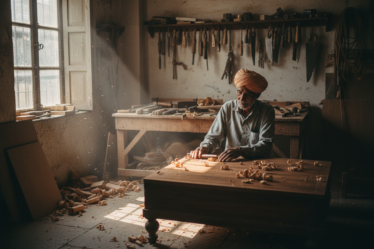 candid, documentary-style photograph of an elderly rajasthani master artisan with weathered hands. They are working on a dark Mahogany furniture piece covered in wood shavings. The workshop is cluttered and authentic, with tools, wood scraps, and dust floating in shafts of natural sunlight streaming through a large window. The moment is spontaneous. Grainy film texture, natural color palette, 8K, realistic.