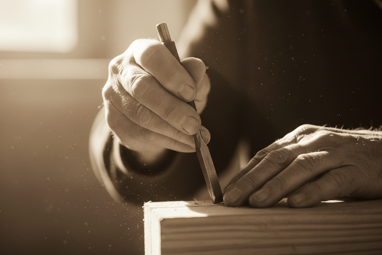 Cinematic close-up (macro) of an elderly artisan’s hands, weathered and textured, holding a fine chisel against a piece of wood. Dust particles float in a shaft of warm sunlight. The focus is entirely on the hands and the tool. Black and white or sepia tone for a timeless feel. 8K resolution.