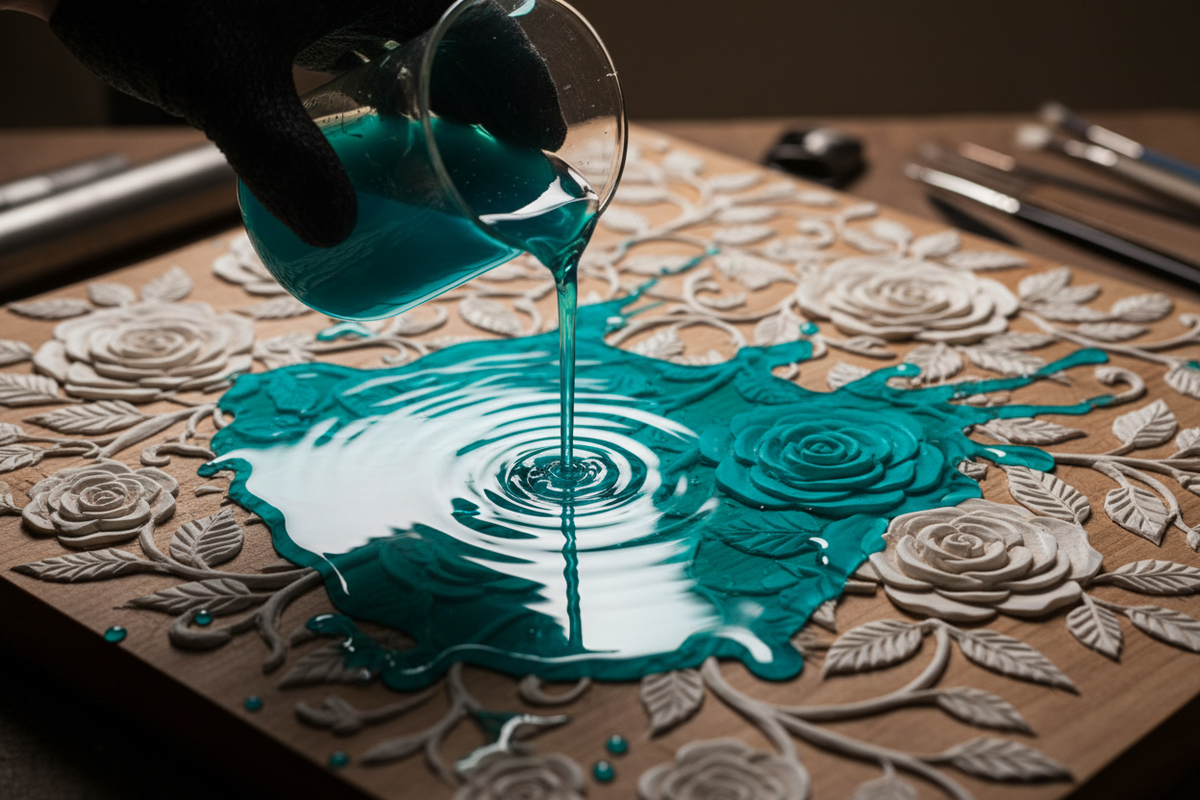 Cinematic close-up of a hand pouring transparent vibrant Teal liquid resin over a wooden surface covered in white bone floral patterns. The resin is mid-pour, capturing the fluid motion. The contrast between the bright teal and the white bone is striking. High gloss, artistic, messy but beautiful. 8K.