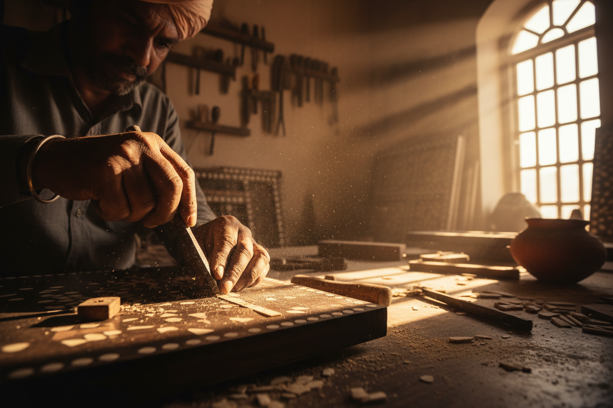 Cinematic wide shot of an artisan's hands working on a piece of bone inlay. The focus is on the dust and the chisel. Warm, golden-hour lighting filtering through a workshop window in Rajasthan. Dust motes dancing in the light. Atmospheric and emotional. 8K.