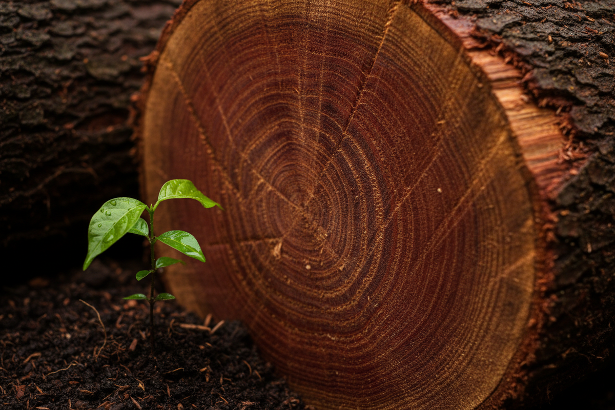 Close-up, high-texture shot of a raw Mahogany wood log cut in half, showcasing the deep, rich reddish-brown hues and the dense, straight grain rings. A small green sapling is growing from the soil next to it, symbolizing renewal and responsible forestry. moody, rich, and earthy tones. 8K.