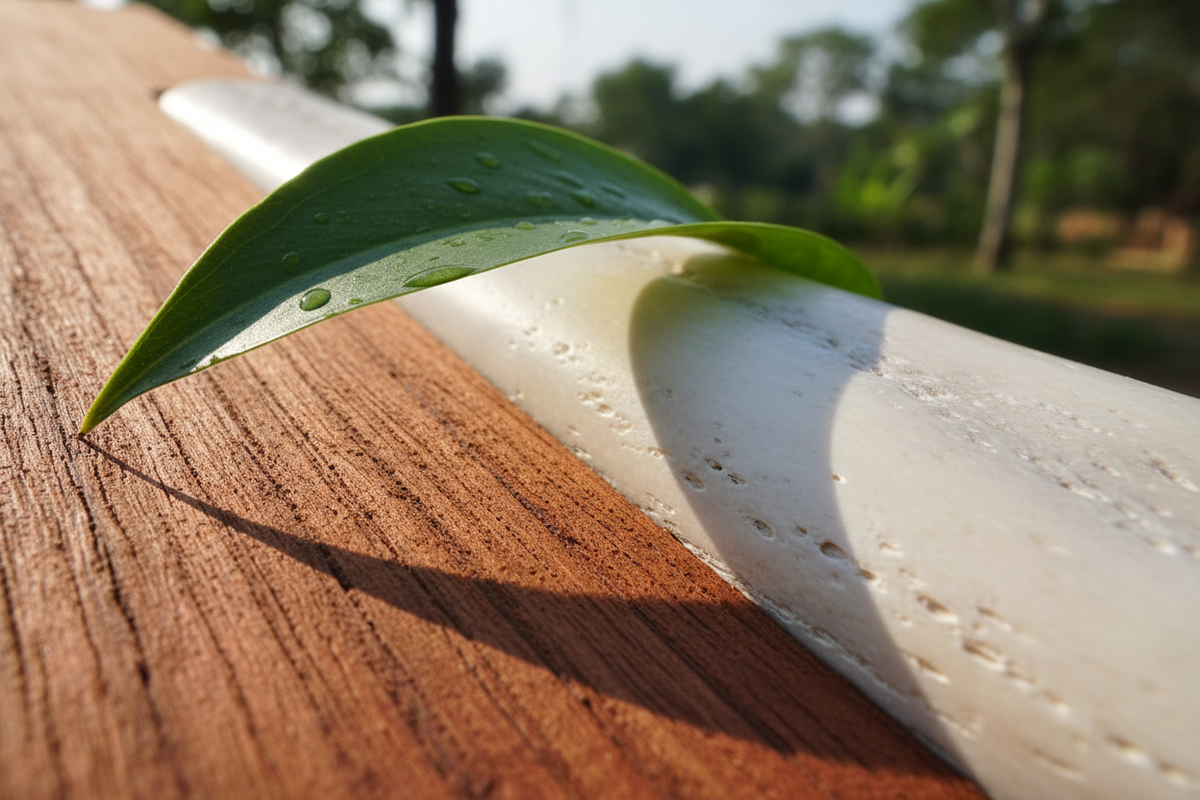 Close-up macro shot of the natural texture of raw Mahogany wood grain next to a polished piece of white bone. A green leaf casts a shadow over them, symbolizing nature and sustainability. Clean, bright, and organic aesthetic. 8K.
