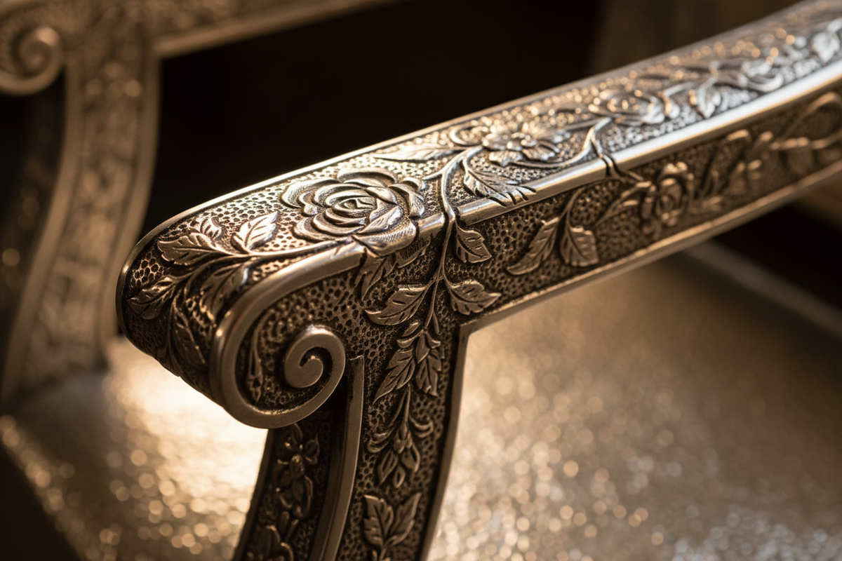 Close-up of a silver-clad chair arm. You can see the tiny hammer marks and the texture of the floral carving pushing through the metal sheet. The metal reflects the warm workshop light. Antique luxury aesthetic. 8K.