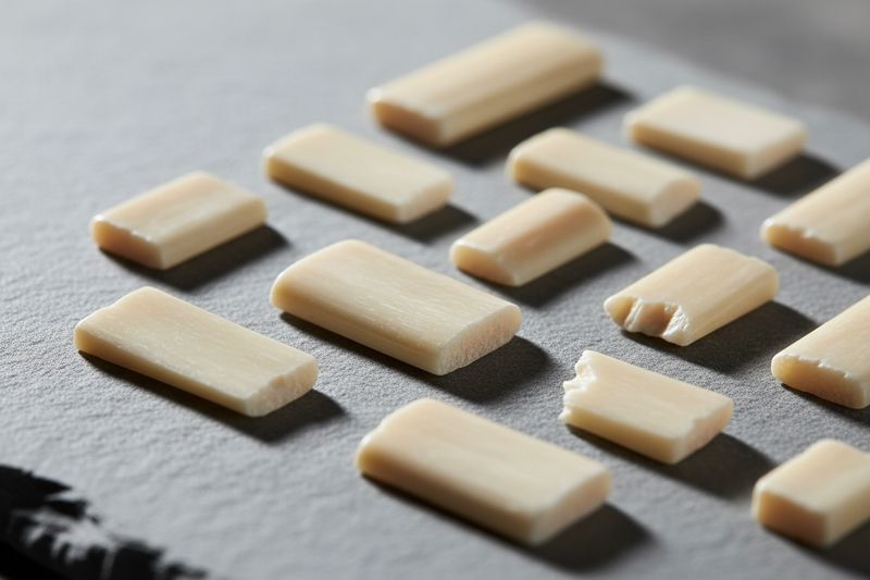 Extreme close-up macro shot of hand-cut Camel Bone fragments laid out on a surface. Focus on the creamy, off-white natural color and the smooth, polished texture of the material. Soft shadows, clean luxury aesthetic. 8K resolution.
