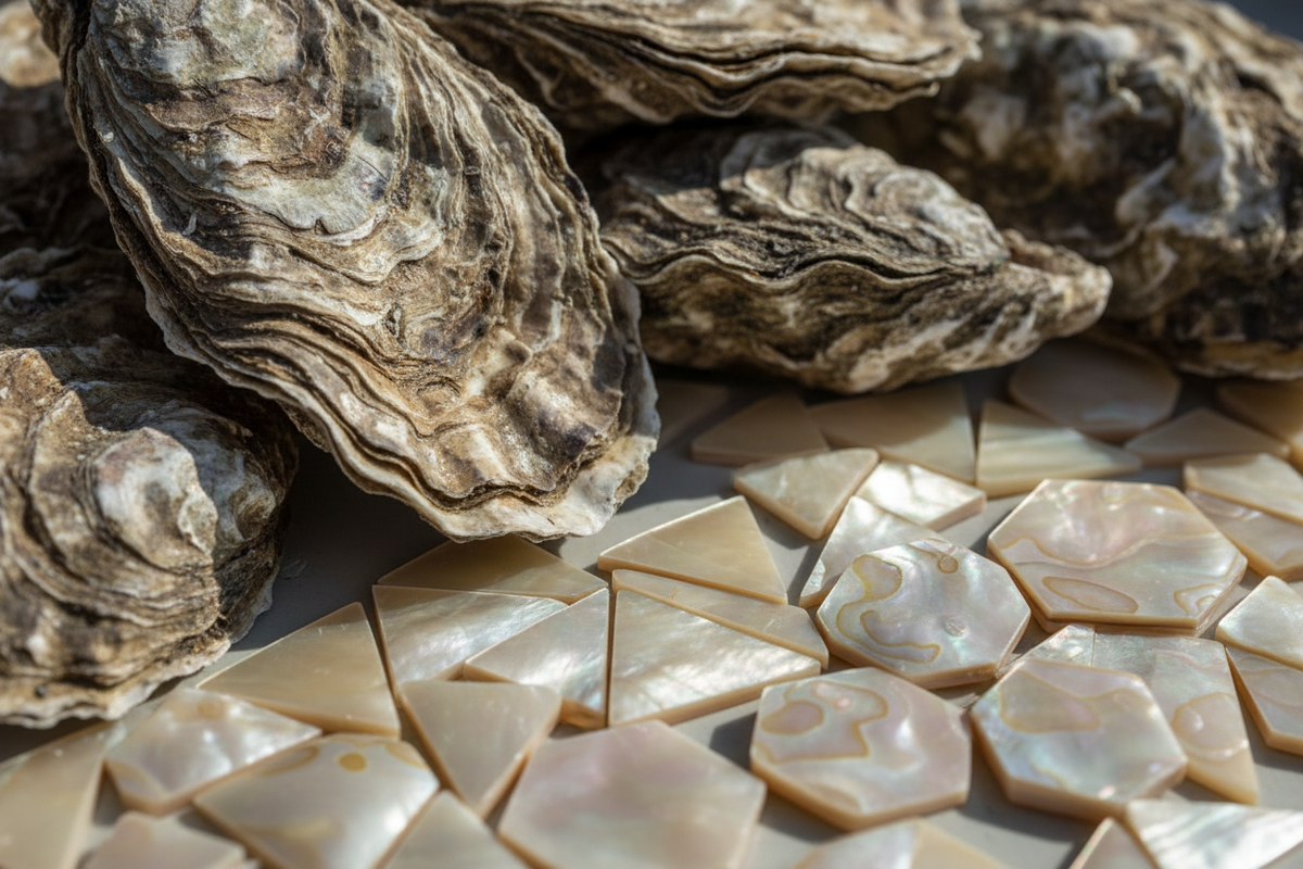 Extreme close-up of raw oyster shells stacked next to polished, cut MOP geometric pieces. The light hits the raw shells revealing the pearlescent interior. A contrast between the rough exterior and the jewel-like finished inlay. 8K.