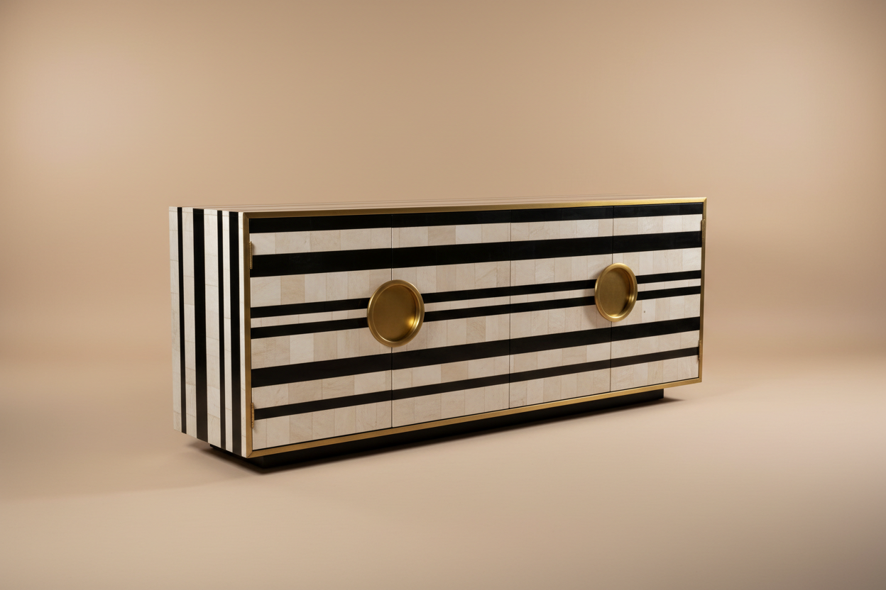 High-end studio product shot of a long statement buffet sideboard with bold black and white striped bone inlay on a clean beige background. Four doors, brass hardware. Soft studio lighting, sharp focus, minimal shadows, luxury catalog style, 8K