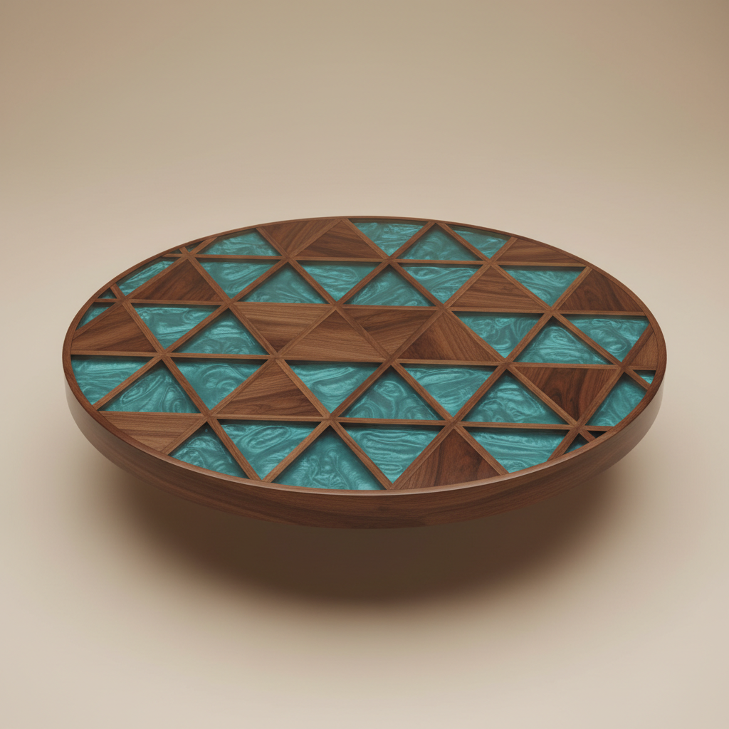 High-end studio product shot of a round coffee table with vibrant teal resin inlay and a geometric pattern on a clean beige background. Solid wood frame visible. Soft studio lighting, sharp focus, minimal shadows, luxury furniture catalog style, 8K resolution.