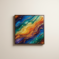 High-end studio product shot of a square wall art panel featuring abstract colorful resin inlay art on a clean beige background. Intricate craftsmanship detail. Soft studio lighting, sharp focus, minimal shadows, luxury catalog style, 8K.