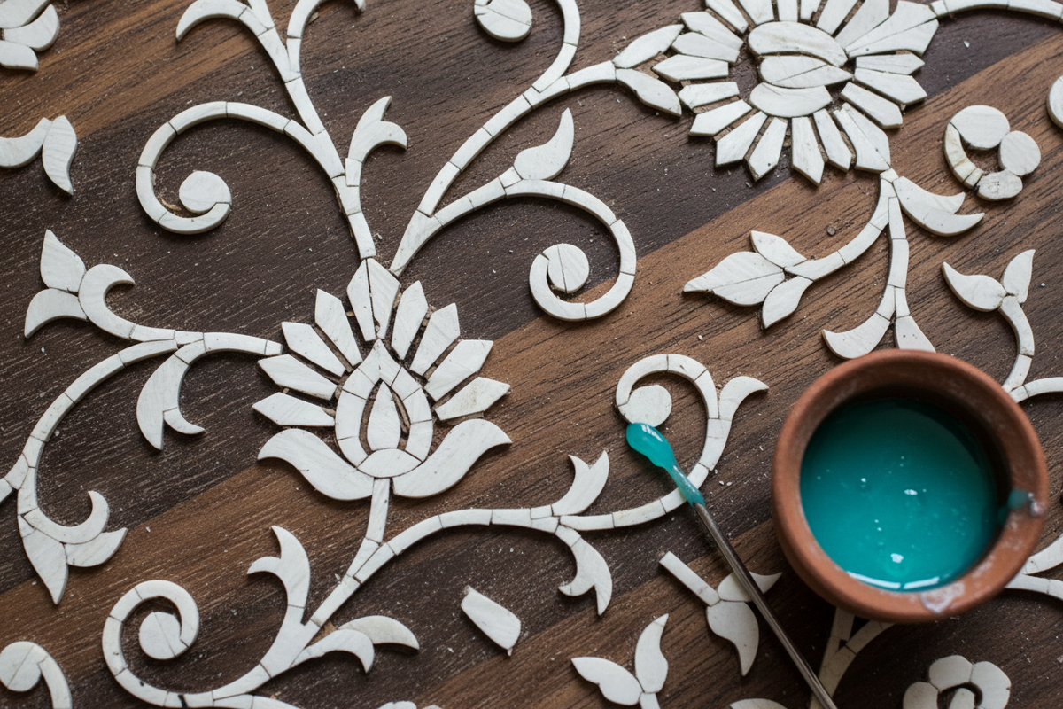 Macro top-down shot of a half-finished floral bone inlay pattern. Some grooves are empty (showing wood), some have white bone pieces inserted, and a pot of teal resin sits nearby. Visualizing the process. High texture. 8K.