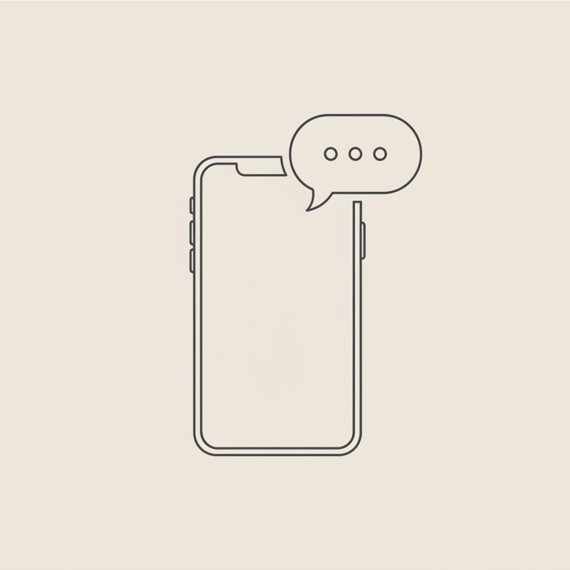 Minimalist fine line art illustration of a smartphone with a chat bubble icon floating above it. The style should be elegant and sophisticated, resembling a high-end architectural sketch or fashion illustration. The drawing uses thin, crisp Charcoal Grey lines on a solid Soft Beige background. No shading, no gradients, just clean, continuous lines. Flat 2D vector aesthetic.