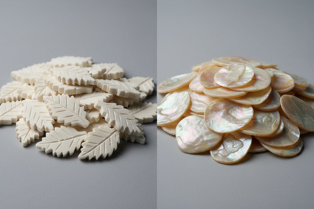 Split composition or side-by-side comparison. Left: A pile of small, intricate hand-cut white bone pieces in the shape of leaves. Right: A pile of shimmering, iridescent Mother of Pearl pieces catching the light in pinks and greens. Macro focus, extremely high detail. 8K.