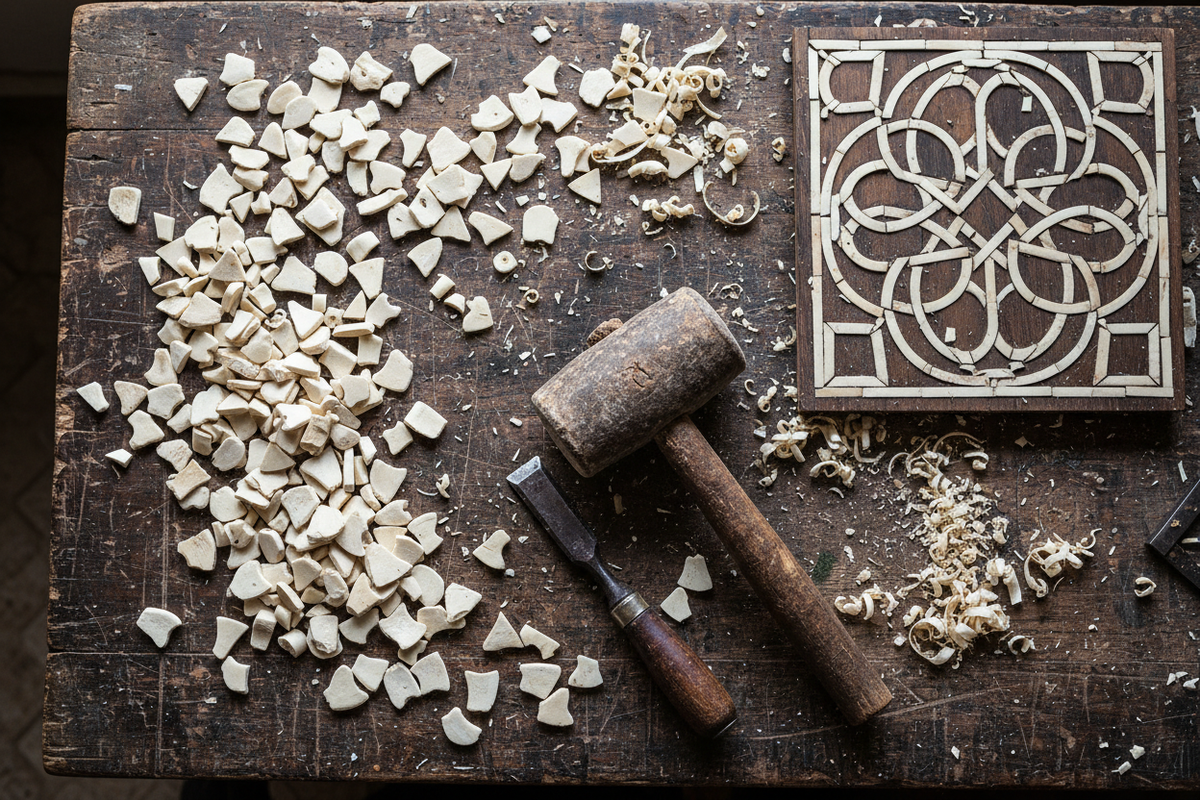 Top-down view of a workbench covered in raw materials: loose pieces of cut camel bone, a wooden mallet, a hand chisel, and a half-finished inlay pattern. The image should feel tactile and messy in an artistic way. High texture. 8K.